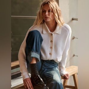 EUC $199 Club Monaco Collared Bomber Cardigan ecru ivory knit sweater ribbed